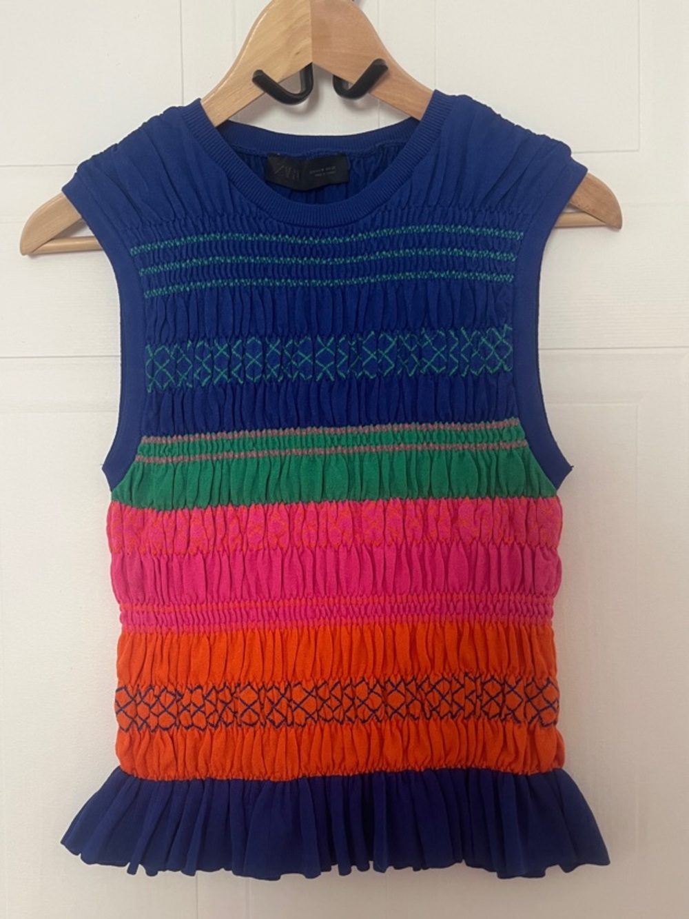 # 152 Zara Blue Multicolor Smocked Sleeveless Tank with Ruffle Hem